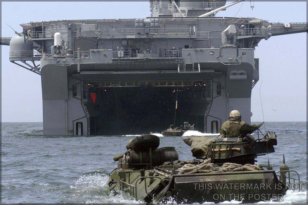 Poster, Many Sizes Available; Marines Approach Uss Bonhomme Richard Amphibious Assault Vehicles Approach The Well Deck Of Uss Bonhomme Richa