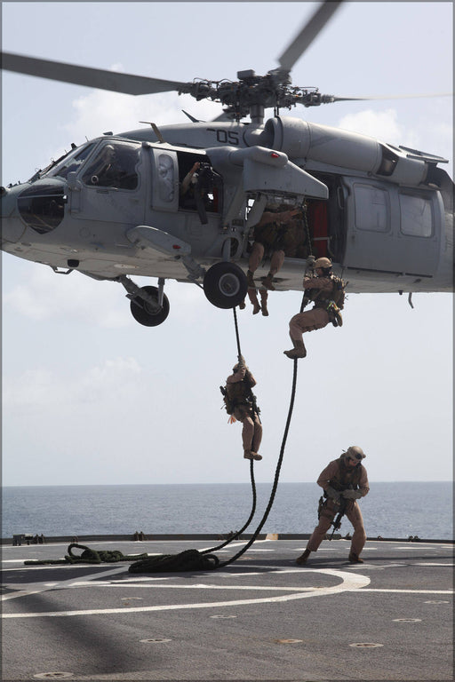 Poster, Many Sizes Available; Marines Fast-Rope Mh-60S Sea Hawk Helicopter Usns Leroy Gumman