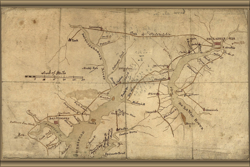 Poster, Many Sizes Available; Map Of Delaware River & Chesapeake Bay Area 1776