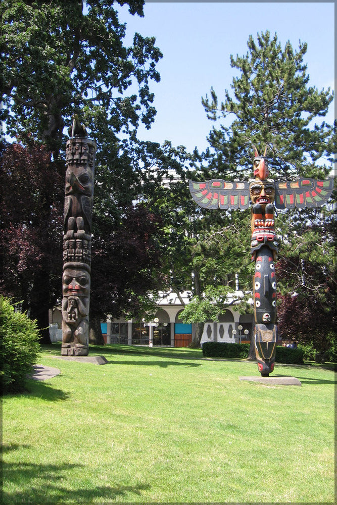 Poster, Many Sizes Available; Totem Pole Gitxsan Pole (Left) And Kwakwaka'Wakw Pole (Right) At Thunderbird Park In Victoria, British Columbi