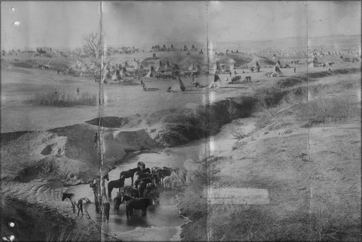 Poster, Many Sizes Available; Horses At Creek With Native American Indian Community In Background. C1891