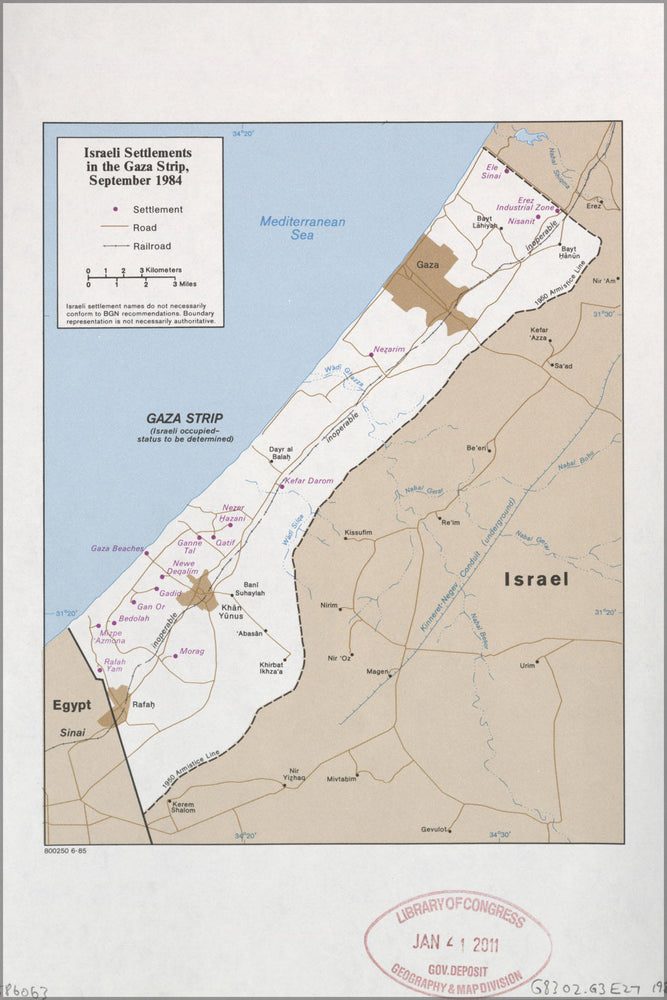 Poster, Many Sizes Available; Cia Map Israel Settlements Gaza Strip Sept 1984