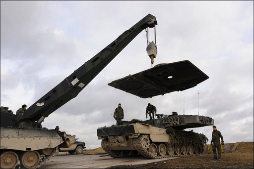 Poster, Many Sizes Available; A Recovery Vehicle Lifts The Engine Panel From A Leopard 2 Mbt