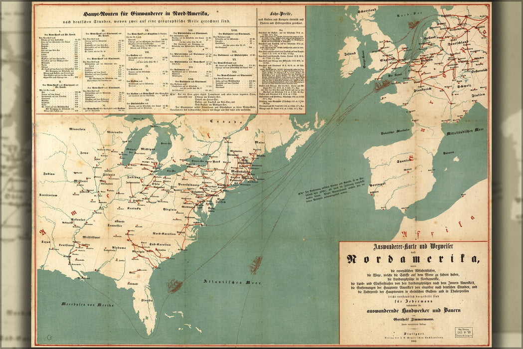 Poster, Many Sizes Available; Immigration Map Of United States 1853 In German