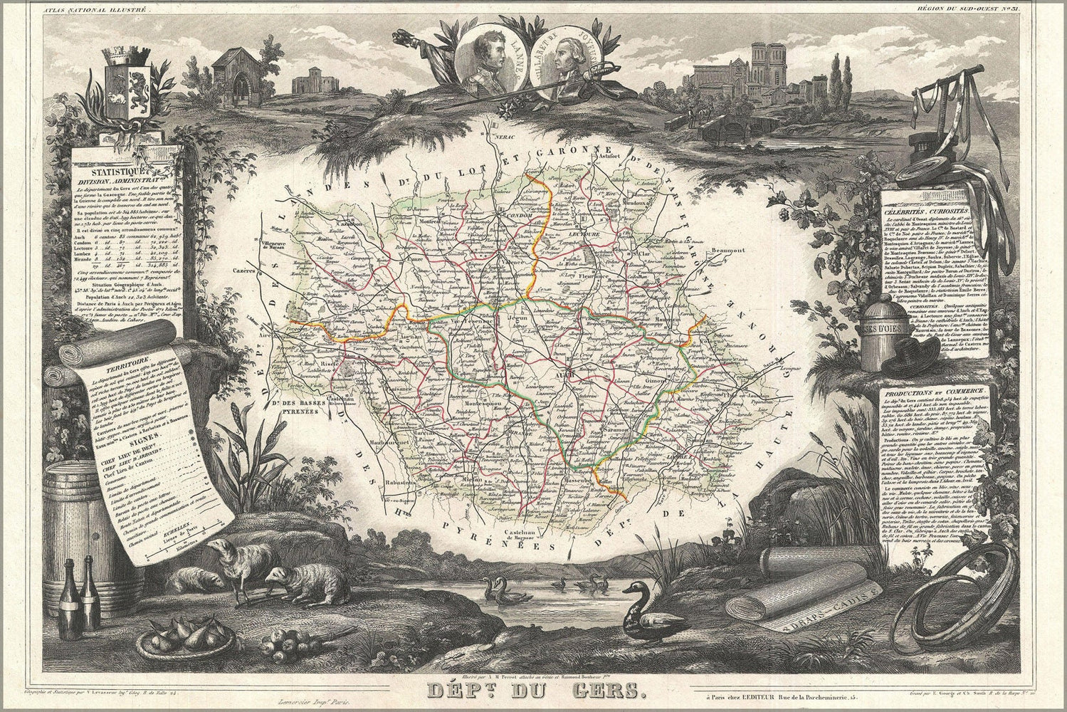 Poster, Many Sizes Available; 1852 Levasseur Map Of The Department Du Gers, France (Armagnac Region)