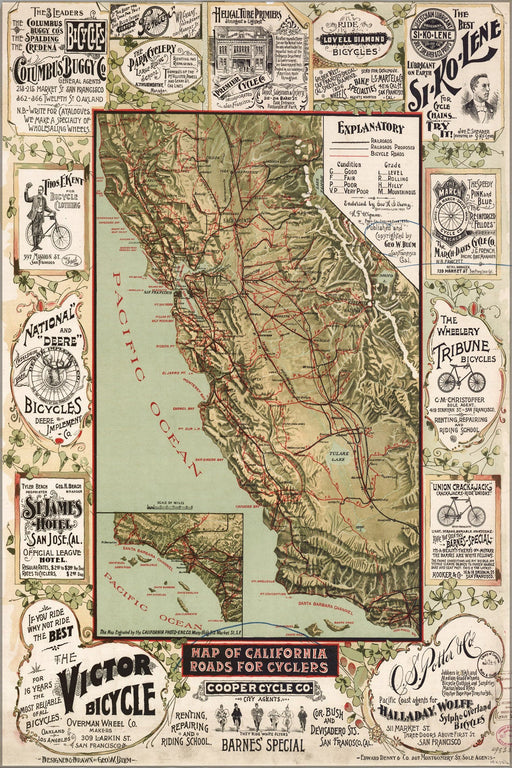 Poster, Many Sizes Available; Bicycle Road Map Of California 1895