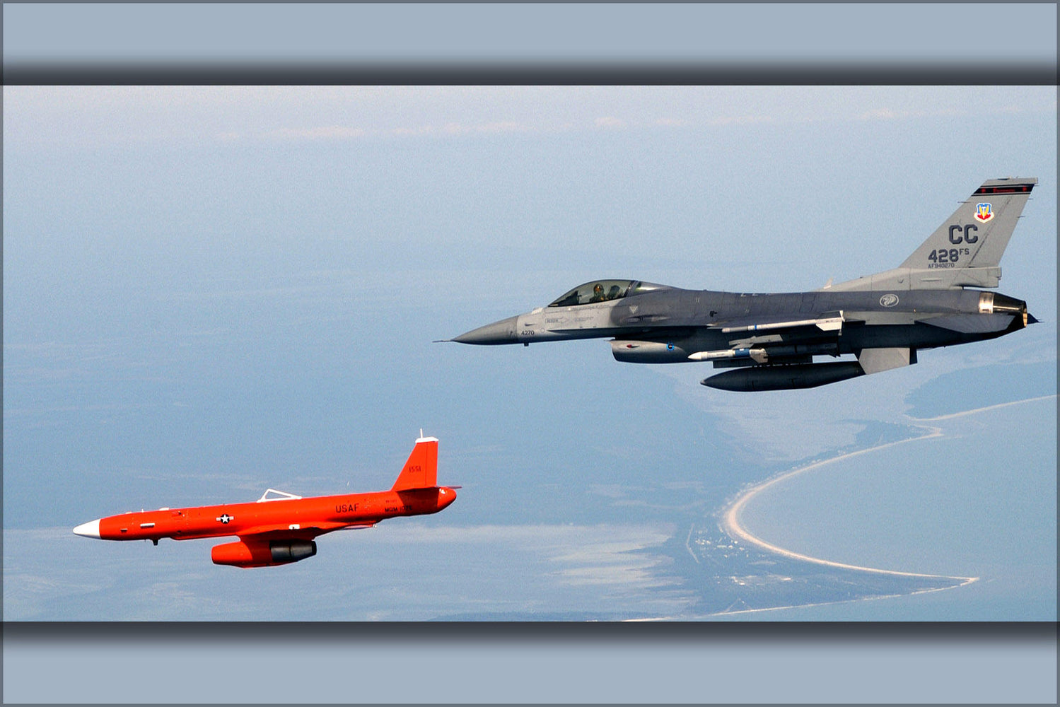 Poster, Many Sizes Available; Mqm-107E Streaker Drone In Flight Alongside F-16 Fighting Falcon