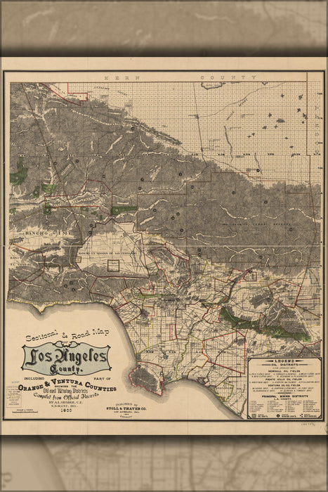 Poster, Many Sizes Available; Road Map Of Los Angeles County 1900