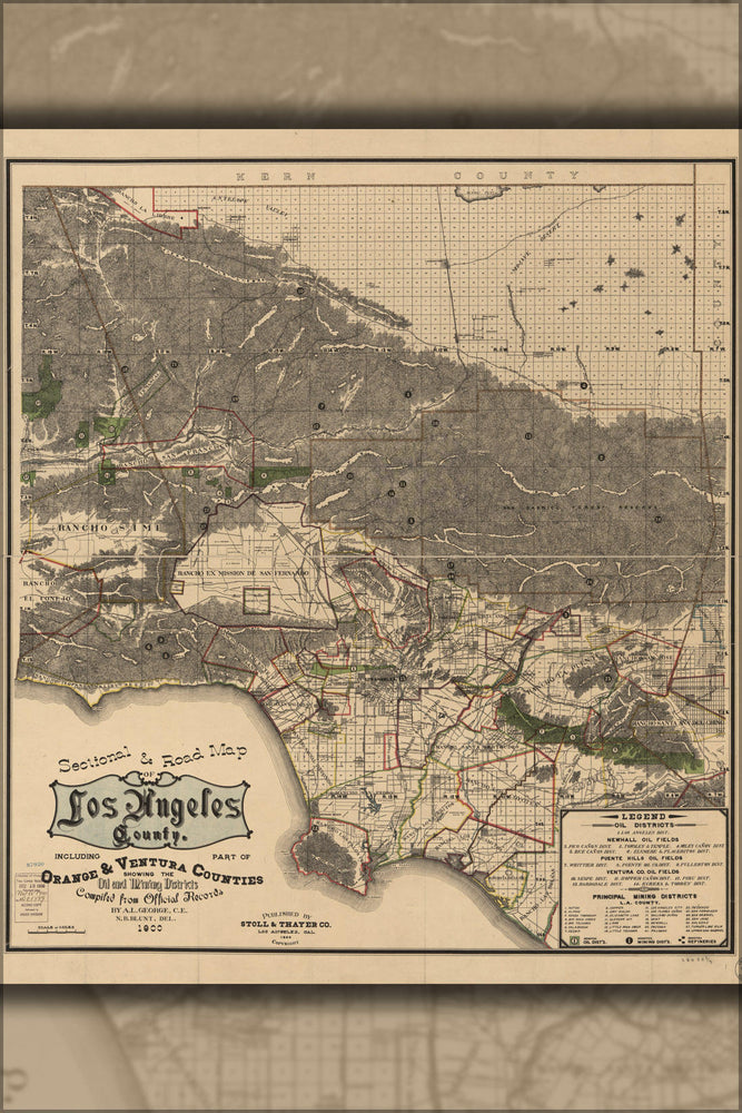 Poster, Many Sizes Available; Road Map Of Los Angeles County 1900