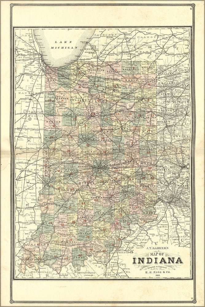 Poster, Many Sizes Available; Map Of Indiana 1885