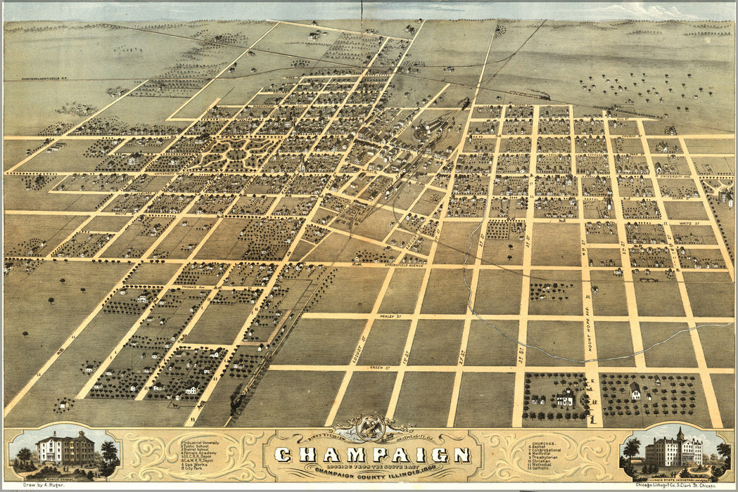 Poster, Many Sizes Available; Birdseye View Map Of Champaign Illinois 1869