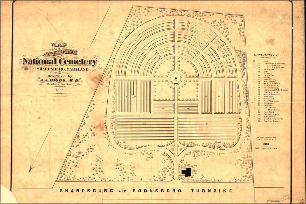 Poster, Many Sizes Available; Map Of Antietam National Cemetery Maryland 1867