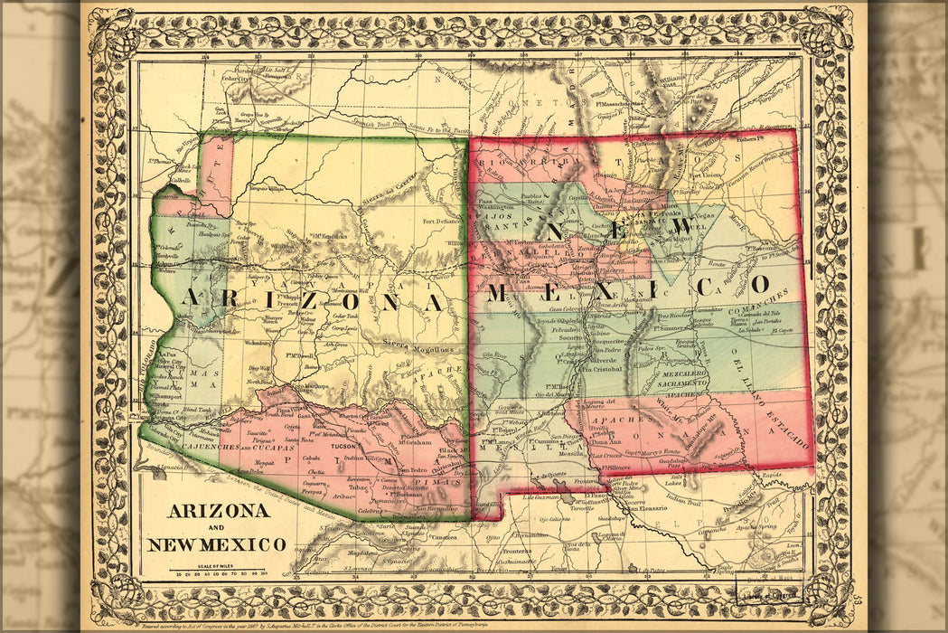 Poster, Many Sizes Available; Map Of Arizona And New Mexico 1867