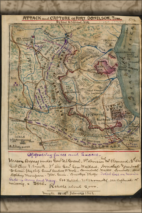 Poster, Many Sizes Available; Map Of Attack Fort Donelson, Tennessee 1862 By Sneeden