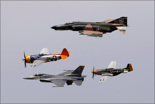 Poster, Many Sizes Available; F-4 Phantom, P-47 Thunderbolt, F-16 Fighting Falcon And P-51 Mustang Fly In A Heritage Flight Formation