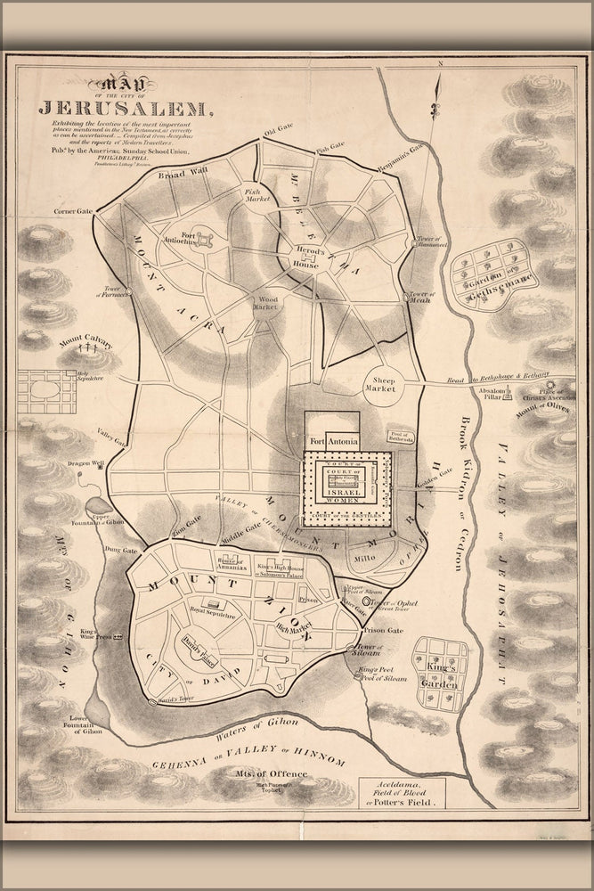 Poster, Many Sizes Available; Map Of Jerusalem Israel With New Testament Locations 19Th Century