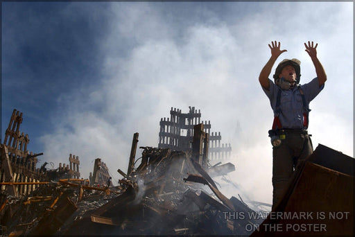 Poster, Many Sizes Available; New York City Fireman P2 Calls For 10 More Rescue Workers To Make Their Way Into The Rubble Of The World Trade