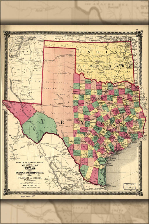 Poster, Many Sizes Available; Map Of Texas & Indian Territory Oklahoma 1875