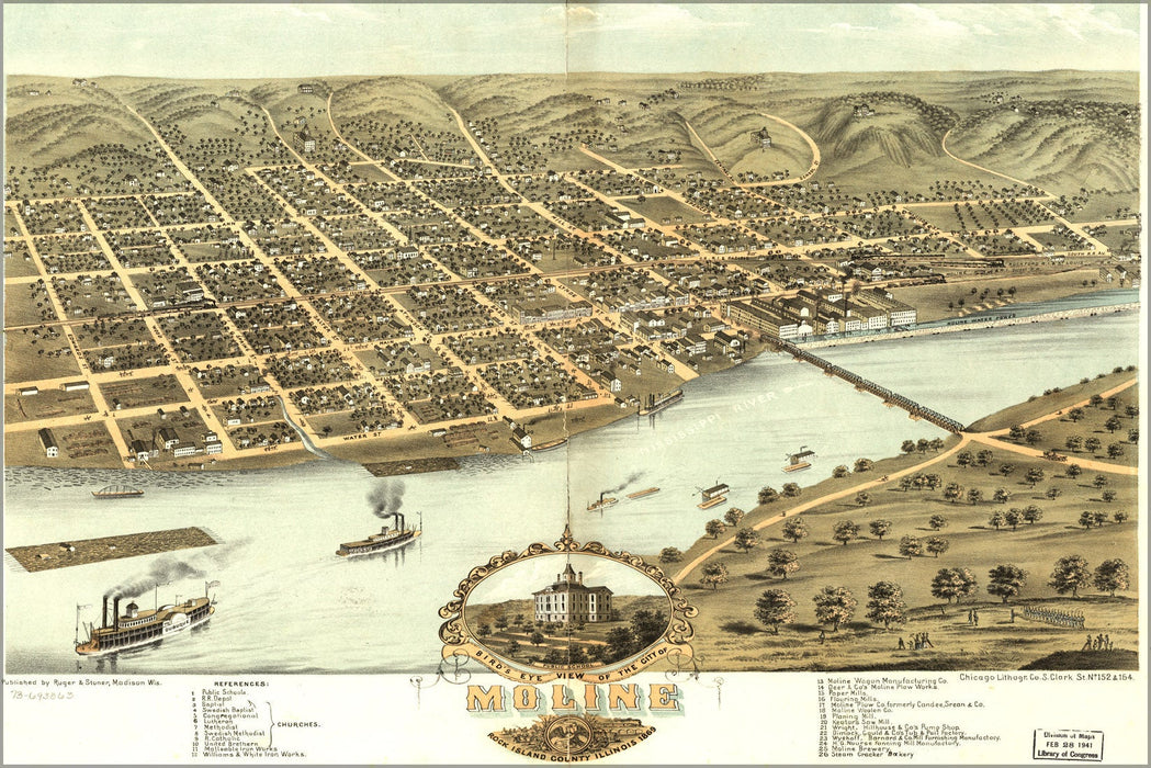 Poster, Many Sizes Available; Birdseye View Map Of Moline, Illinois 1869