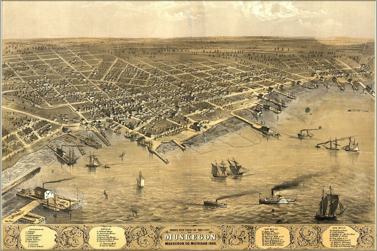 Poster, Many Sizes Available; Birdseye View Map Of Muskegon, Michigan 1868