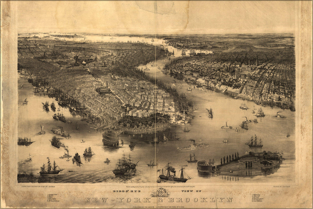 Poster, Many Sizes Available; Birdseye View Map Of New York City & Brooklyn 1851