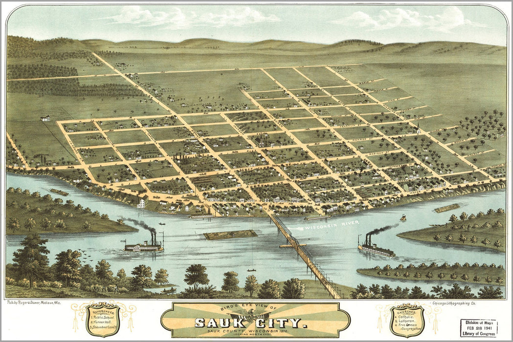 Poster, Many Sizes Available; Birdseye View Map Of Sauk City, Sauk County, Wisconsin 1870