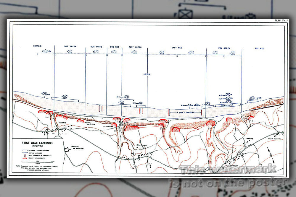 Poster, Many Sizes Available; First Wave D-Day Official History Map Showing First Assault Wave Landings D-Day