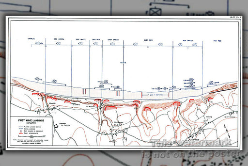 Poster, Many Sizes Available; First Wave D-Day Official History Map Showing First Assault Wave Landings D-Day