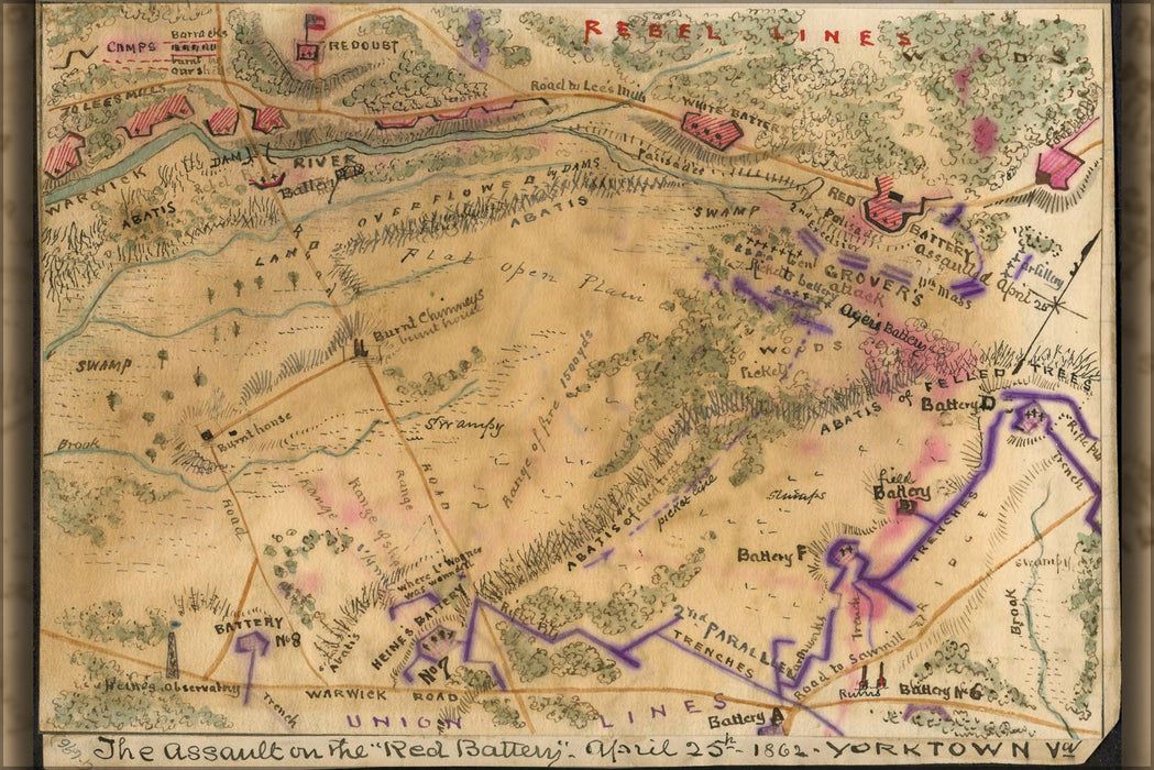 Poster, Many Sizes Available; Civil War Map Assault Red Battery Yorktown 1862