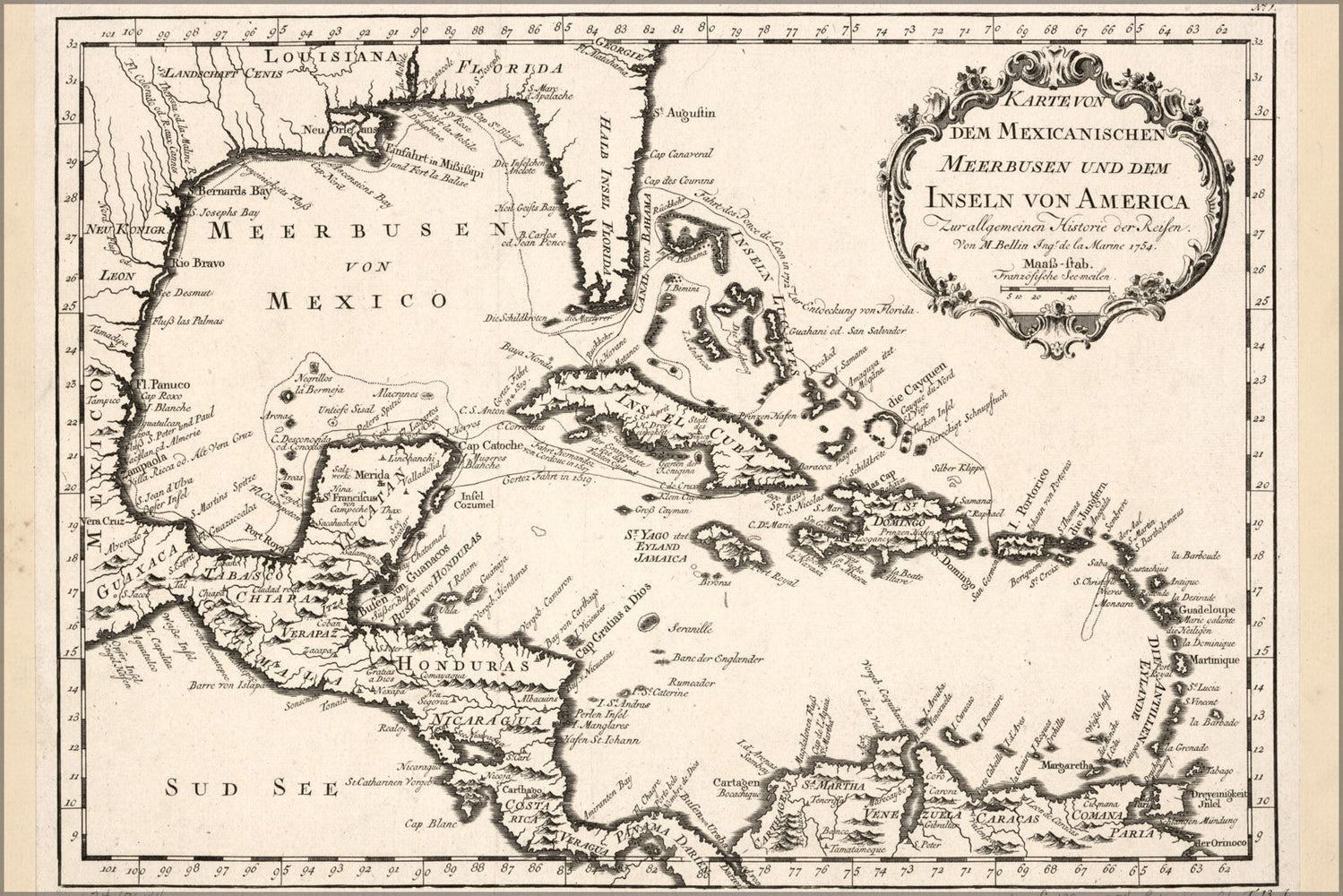 Poster, Many Sizes Available; Map Of Caribbean West Indies Cuba 1754 In German