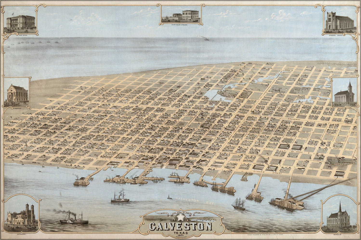 Poster, Many Sizes Available; Galveston, Texas In 1871. Bird'S Eye View Map