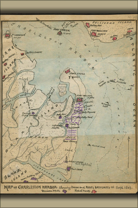 Poster, Many Sizes Available; Map Of Charleston Harbor Batteries Sep 1863