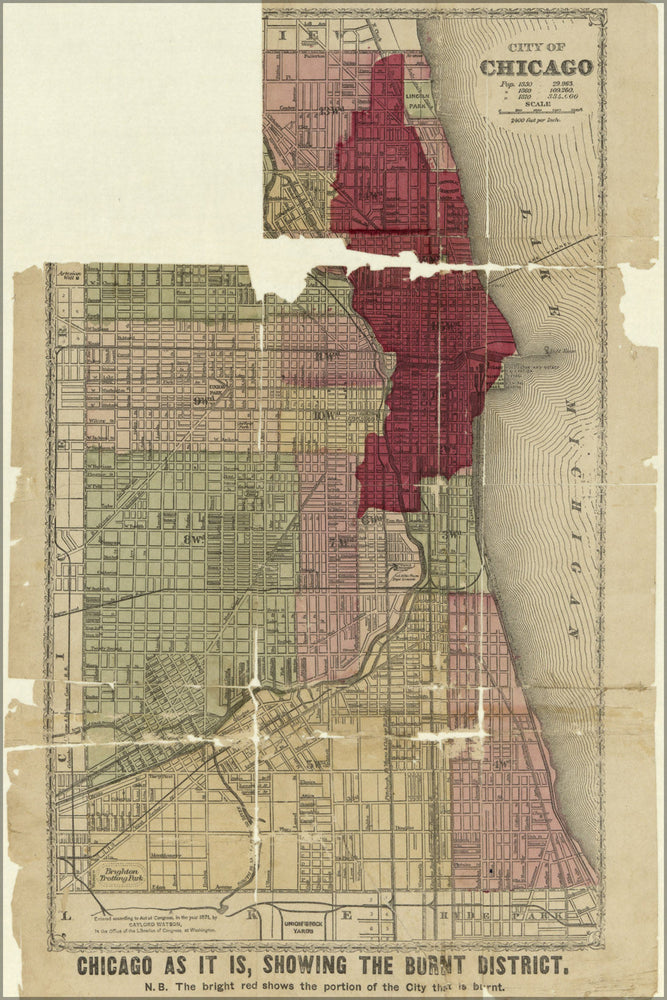 Poster, Many Sizes Available; Map Of Chicago Showing Burnt District 1871