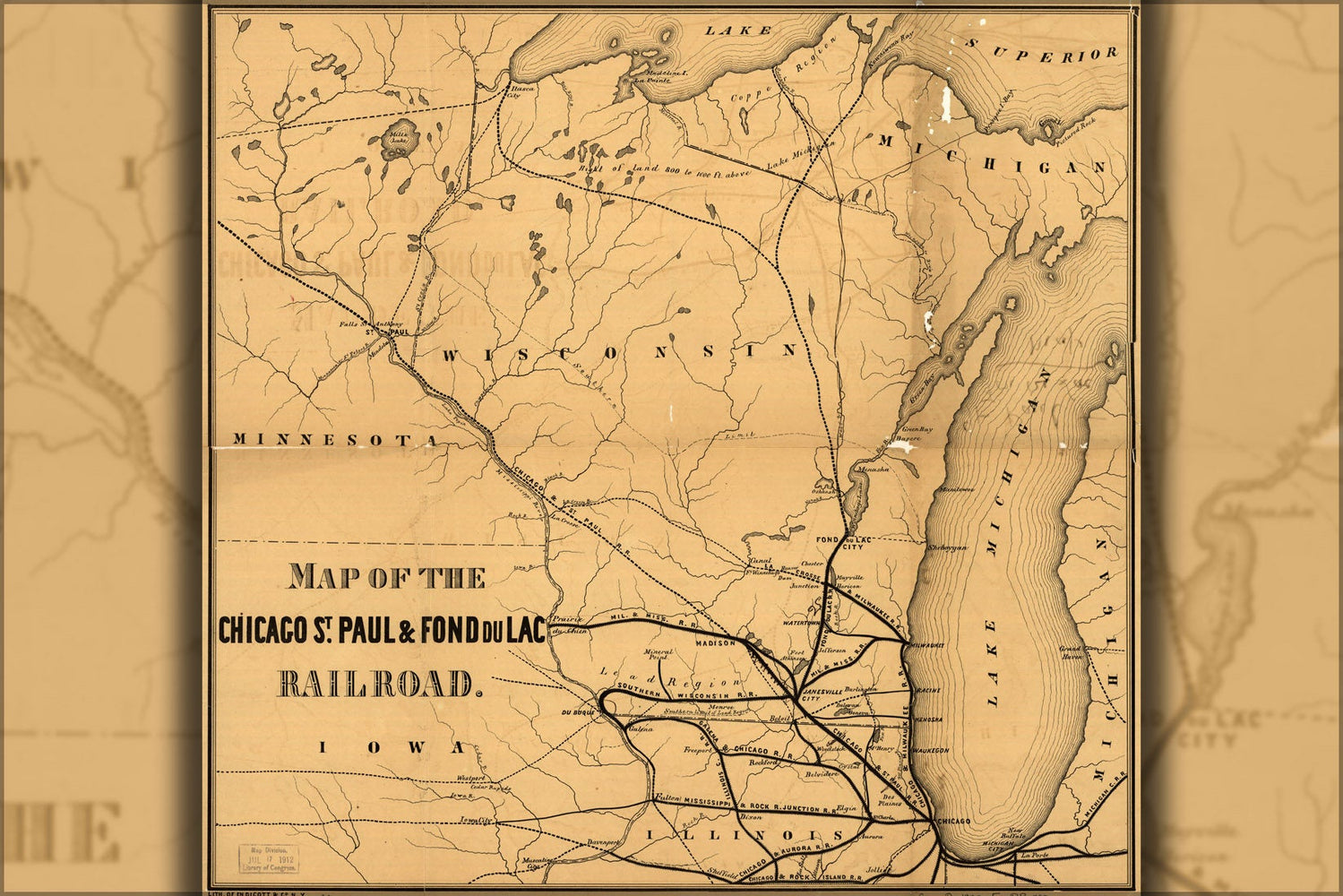 Poster, Many Sizes Available; Map Of Chicago St. Paul Fond Du Lac Railroad 1855