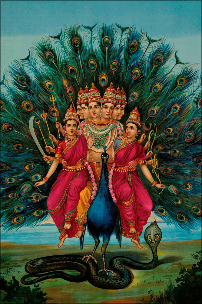 Poster, Many Sizes Available; Hindu Deity Karktikeya Or Murugan With His Consorts On His Vahana Peacock