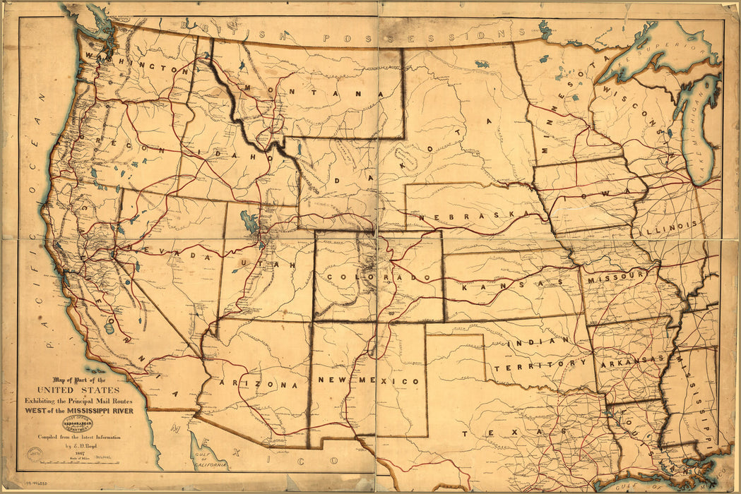 Poster, Many Sizes Available; Map Of Western United States Postal Routes 1867