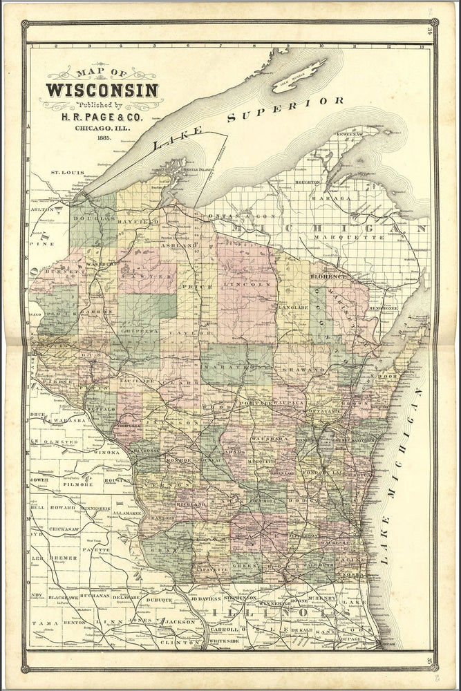 Poster, Many Sizes Available; Map Of Wisconsin 1885