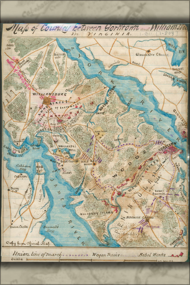 Poster, Many Sizes Available; Map Of Yorktown To Williamsburg Virginia 1865