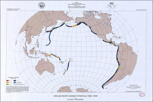 Poster, Many Sizes Available; Map Pacific Rim Seismic Earthquake Potential 90&#39;S