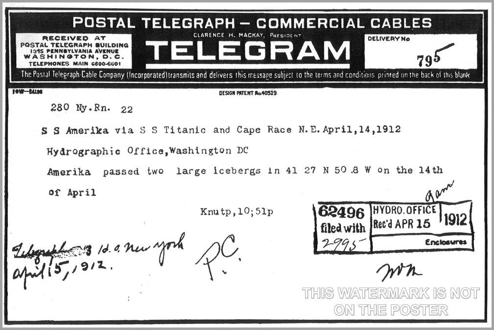 Poster, Many Sizes Available; Telegram From Ss Amerika Via Ss Titanic On Location Of Two Large Icebergs 14 April 1912