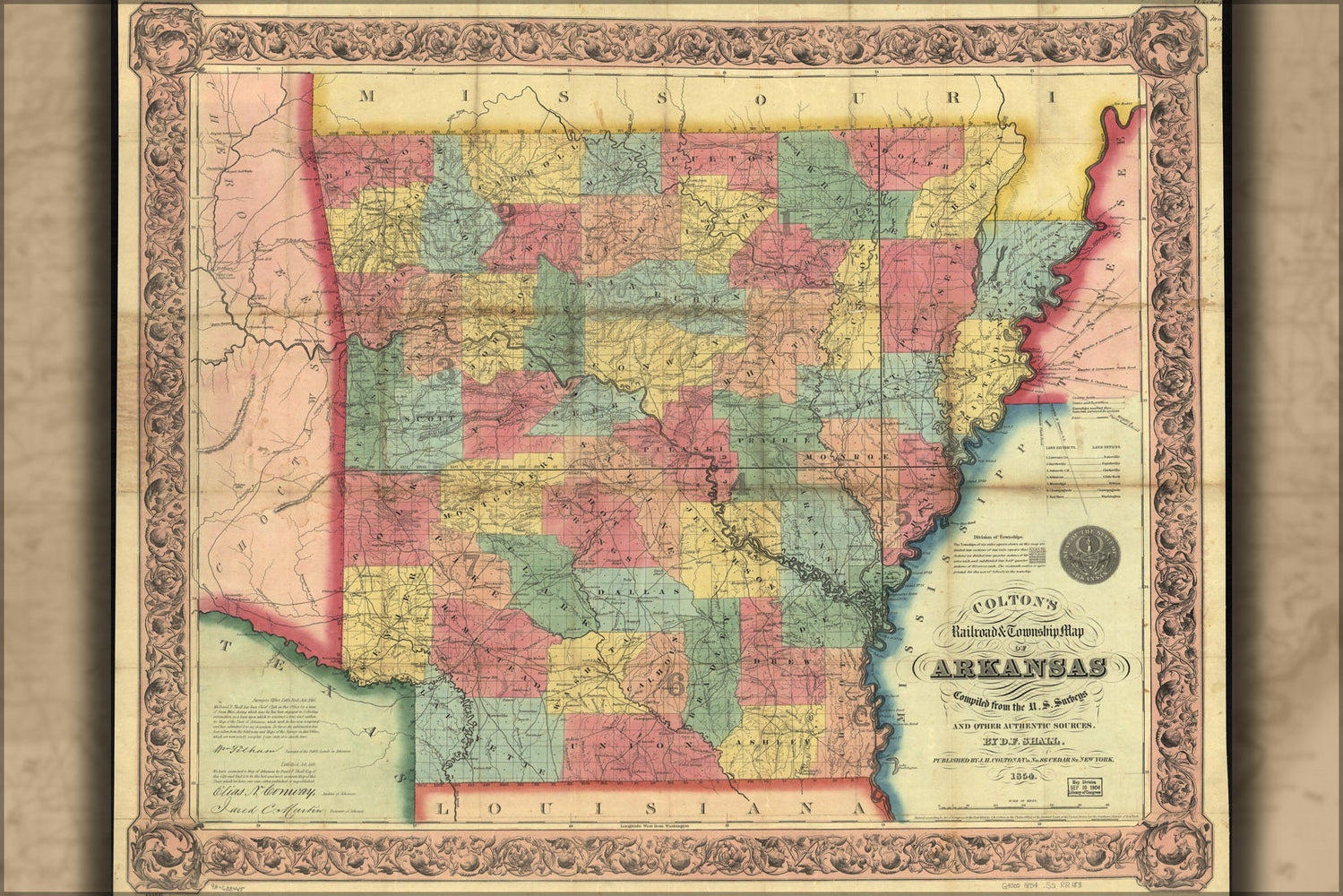 Poster, Many Sizes Available; Colton&#39;S Railroad & Township Map Of Arkansas 1854