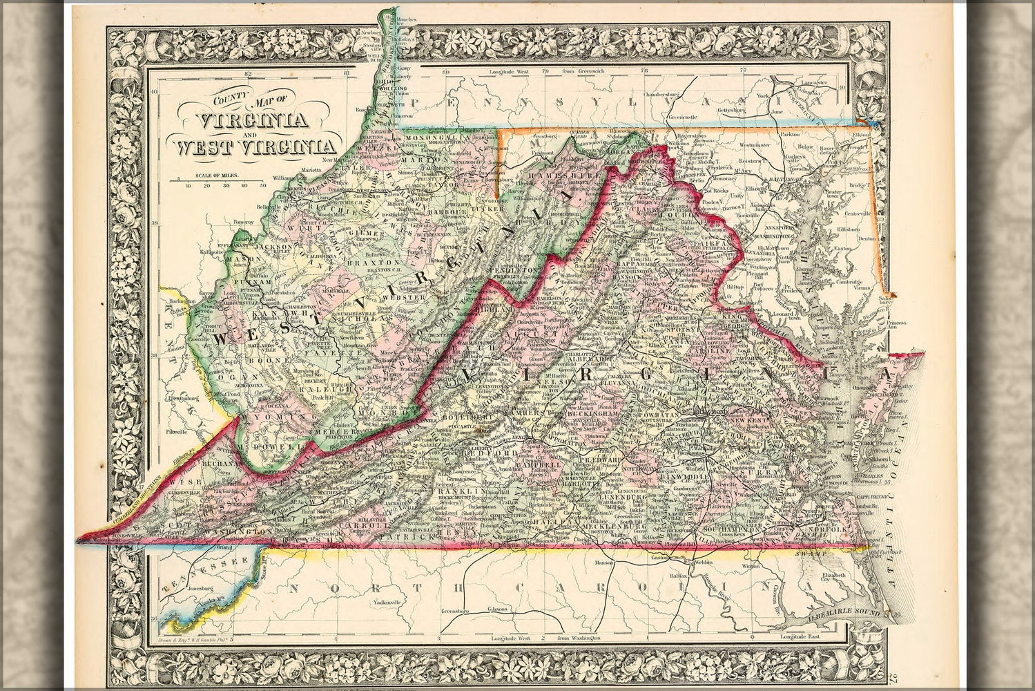 Poster, Many Sizes Available; County Map Of Virginia And West Virginia  1863