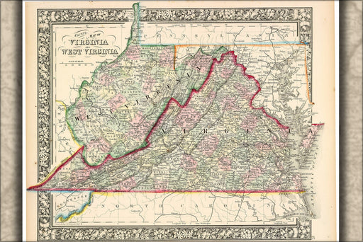 Poster, Many Sizes Available; County Map Of Virginia And West Virginia  1863