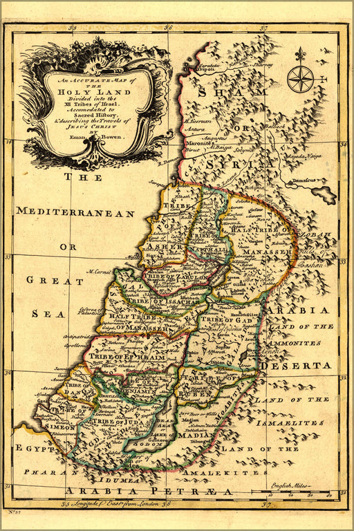 Poster, Many Sizes Available; Map Of Palestine Holy Land 12 Tribes Israel Travels Of Jesus 1752