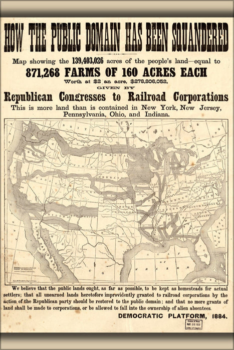 Poster, Many Sizes Available; Anti Railroad Land Grant Map United States 1884