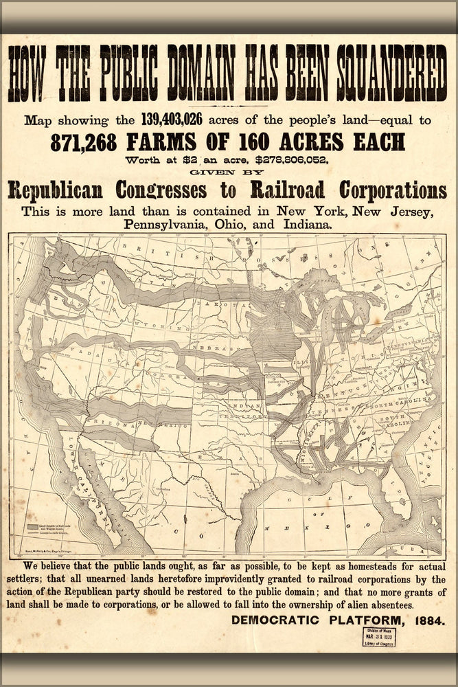 Poster, Many Sizes Available; Anti Railroad Land Grant Map United States 1884