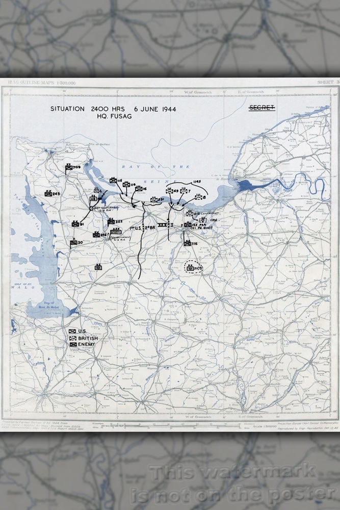 Poster, Many Sizes Available; Twelfth United States Army Group Situation Map For 2400 Hours, 6 June 1944. D-Day Normandy Operation Overlord