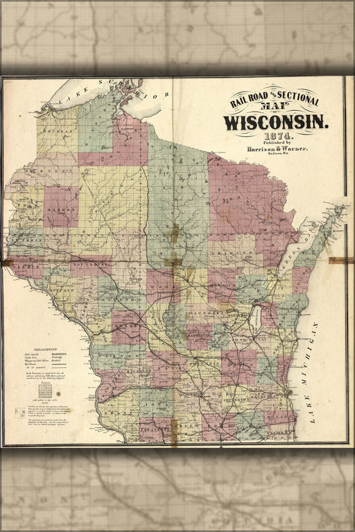 Poster, Many Sizes Available; Railroad And Sectional Map Of Wisconsin, 1874