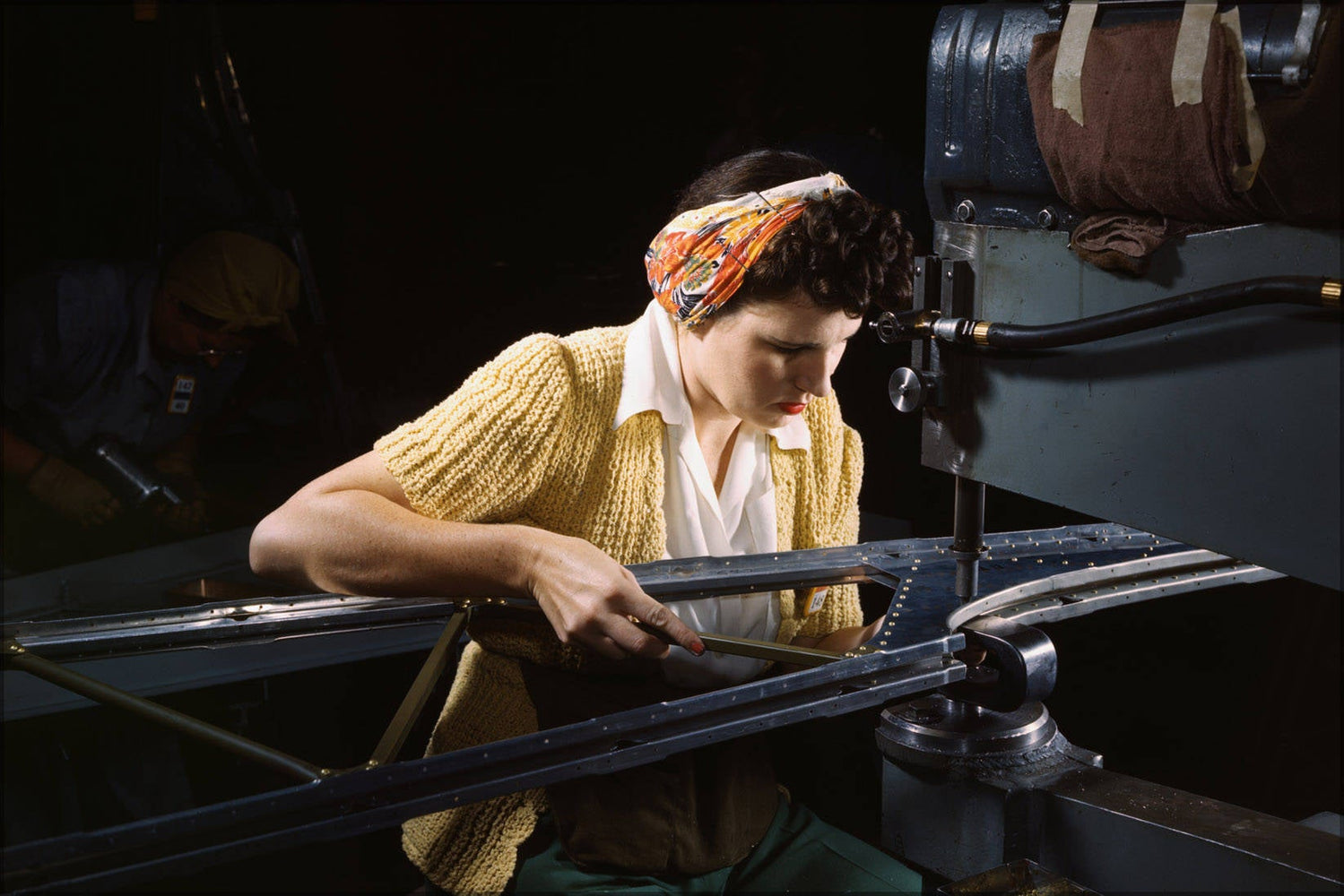 Poster, Many Sizes Available; A Girl Riveting Machine Operator At The Douglas Aircraft Company Plant Joins Sections Of Wing Ribs