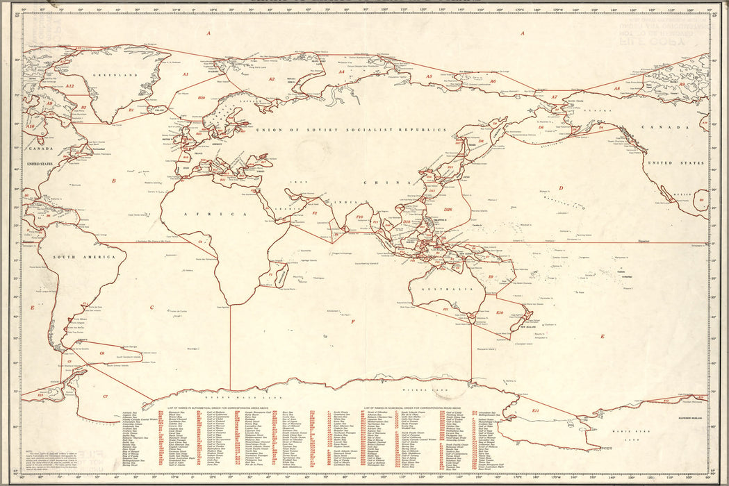 Poster, Many Sizes Available; World Map Chart Of Limits Of Seas And Oceans 1953